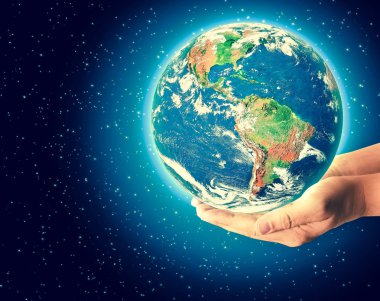 Dünya'dan eller, uzayda küre küresel iş kavramları serisi en iyi Internet kavramı elinde. Nasa tarafından döşenmiş bu görüntü unsurları. 3D çizim.