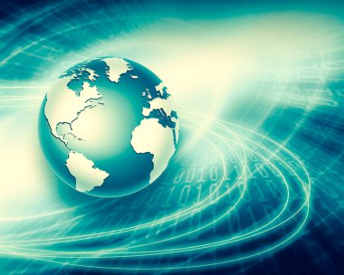 Global iş dünyasının en iyi internet kavramı. Küre, teknolojik arka planda parlayan çizgiler. Wi-Fi, ışınlar, semboller İnternet, 3 boyutlu illüstrasyon
