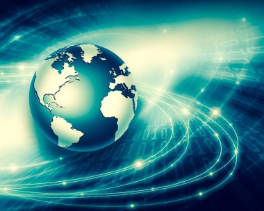 Global iş dünyasının en iyi internet kavramı. Küre, teknolojik arka planda parlayan çizgiler. Wi-Fi, ışınlar, semboller İnternet, 3 boyutlu illüstrasyon