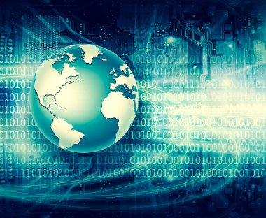 Global iş dünyasının en iyi internet kavramı. Küre, teknolojik arka planda parlayan çizgiler. Wi-Fi, ışınlar, semboller İnternet, 3 boyutlu illüstrasyon