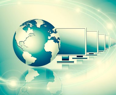 Global iş dünyasının en iyi internet kavramı. Küre, teknolojik arka planda parlayan çizgiler. Wi-Fi, ışınlar, semboller İnternet, 3 boyutlu illüstrasyon