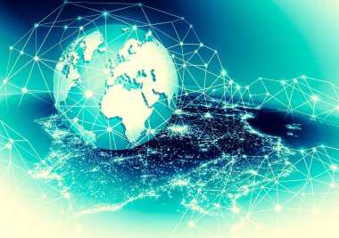 Dünyadan Uzaya. Kavram serisinden küresel iş dünyasının en iyi internet kavramı. Bu görüntünün elementleri NASA tarafından döşenmiştir. 3B illüstrasyon