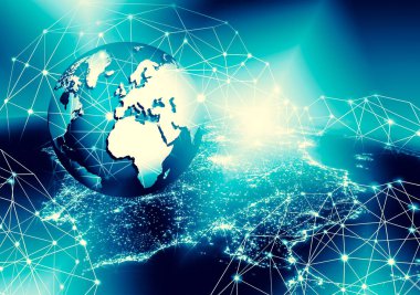 Dünyadan Uzaya. Kavram serisinden küresel iş dünyasının en iyi internet kavramı. Bu görüntünün elementleri NASA tarafından döşenmiştir. 3B illüstrasyon