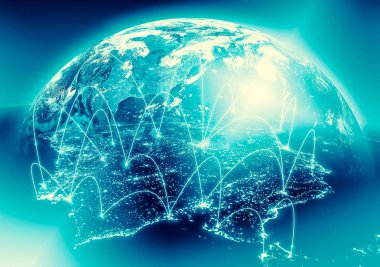 Dünyadan Uzaya. Kavram serisinden küresel iş dünyasının en iyi internet kavramı. Bu görüntünün elementleri NASA tarafından döşenmiştir. 3B illüstrasyon