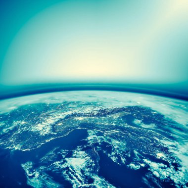 Dünyadan Uzaya. Kavram serisinden küresel iş dünyasının en iyi internet kavramı. Bu görüntünün elementleri NASA tarafından döşenmiştir. 3B illüstrasyon