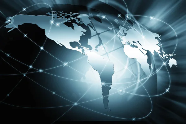 Mapa del mundo sobre un fondo tecnológico, líneas luminosas símbolos de Internet, radio, televisión, comunicaciones móviles y por satélite . —  Fotos de Stock