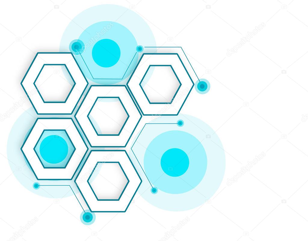 Abstract background with connected lines and dots for your design. Hexagons of honeycomb cell, lines and connections on a light background. Technology concept