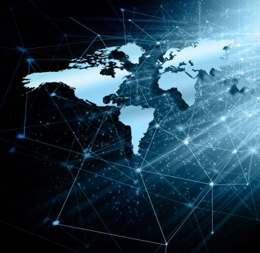 Dünya Haritası üzerinde teknolojik bir arka plan, parlak çizgiler semboller Internet, radyo, televizyon, telefon ve uydu iletişim.