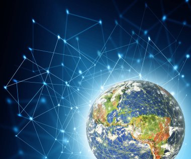 Dünyadan Uzaya. Kavram serisinden küresel iş dünyasının en iyi internet kavramı. Bu görüntünün elementleri NASA tarafından döşenmiştir. 3B illüstrasyon