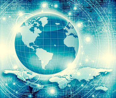 Global iş dünyasının en iyi internet kavramı. Küre, teknolojik arka planda parlayan çizgiler. Wi-Fi, ışınlar, semboller İnternet, 3 boyutlu illüstrasyon