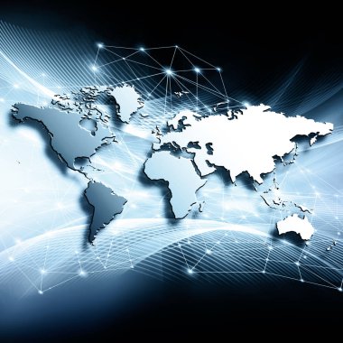 Dünya Haritası üzerinde teknolojik bir arka plan, parlak çizgiler semboller Internet, radyo, televizyon, telefon ve uydu iletişim.