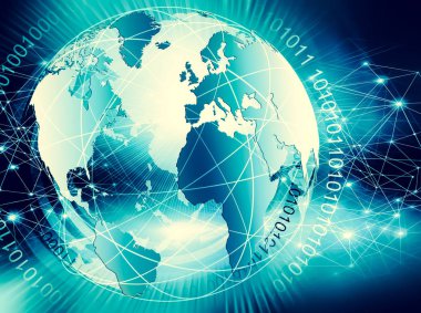 Global iş dünyasının en iyi internet kavramı. Küre, teknolojik arka planda parlayan çizgiler. Wi-Fi, ışınlar, semboller İnternet, 3 boyutlu illüstrasyon