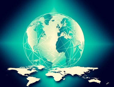 Global iş dünyasının en iyi internet kavramı. Küre, teknolojik arka planda parlayan çizgiler. Wi-Fi, ışınlar, semboller İnternet, 3 boyutlu illüstrasyon