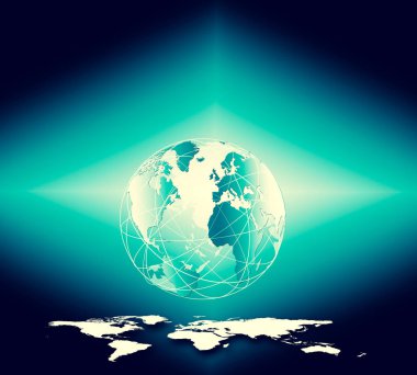 Global iş dünyasının en iyi internet kavramı. Küre, teknolojik arka planda parlayan çizgiler. Wi-Fi, ışınlar, semboller İnternet, 3 boyutlu illüstrasyon