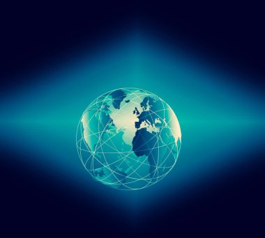 Global iş dünyasının en iyi internet kavramı. Küre, teknolojik arka planda parlayan çizgiler. Wi-Fi, ışınlar, semboller İnternet, 3 boyutlu illüstrasyon