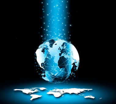 Global iş dünyasının en iyi internet kavramı. Küre, teknolojik arka planda parlayan çizgiler. Wi-Fi, ışınlar, semboller İnternet, 3 boyutlu illüstrasyon