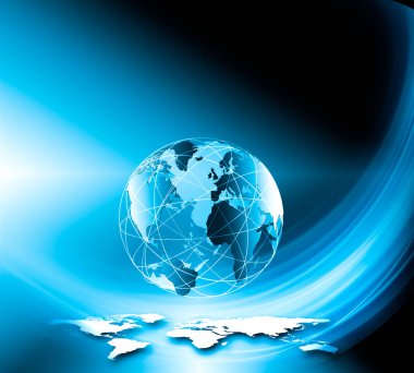 Global iş dünyasının en iyi internet kavramı. Küre, teknolojik arka planda parlayan çizgiler. Wi-Fi, ışınlar, semboller İnternet, 3 boyutlu illüstrasyon