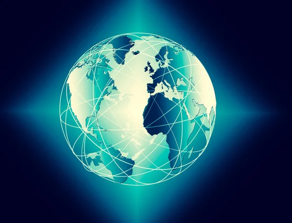 Global iş dünyasının en iyi internet kavramı. Küre, teknolojik arka planda parlayan çizgiler. Wi-Fi, ışınlar, semboller İnternet, 3 boyutlu illüstrasyon