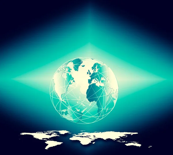 Global iş dünyasının en iyi internet kavramı. Küre, teknolojik arka planda parlayan çizgiler. Wi-Fi, ışınlar, semboller İnternet, 3 boyutlu illüstrasyon — Stok fotoğraf