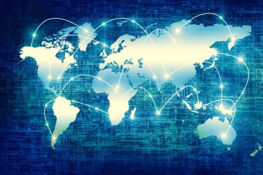 Dünya Haritası üzerinde teknolojik bir arka plan, parlak çizgiler semboller Internet, radyo, televizyon, telefon ve uydu iletişim.