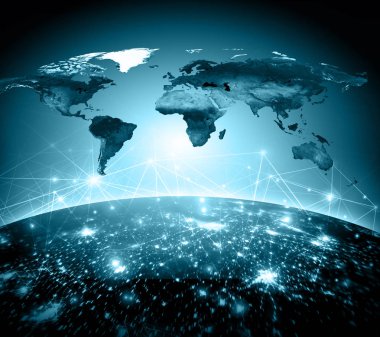 Dünyadan Uzaya. Kavram serisinden küresel iş dünyasının en iyi internet kavramı. Bu görüntünün elementleri NASA tarafından döşenmiştir. 3B illüstrasyon