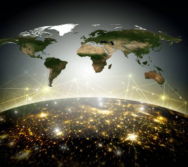 Dünyadan Uzaya. Kavram serisinden küresel iş dünyasının en iyi internet kavramı. Bu görüntünün elementleri NASA tarafından döşenmiştir. Üç boyutlu illüstrasyon. Seyahat, internet, teknoloji ve iletişim sembolü