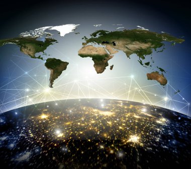 Dünyadan Uzaya. Kavram serisinden küresel iş dünyasının en iyi internet kavramı. Bu görüntünün elementleri NASA tarafından döşenmiştir. Üç boyutlu illüstrasyon. Seyahat, internet, teknoloji ve iletişim sembolü