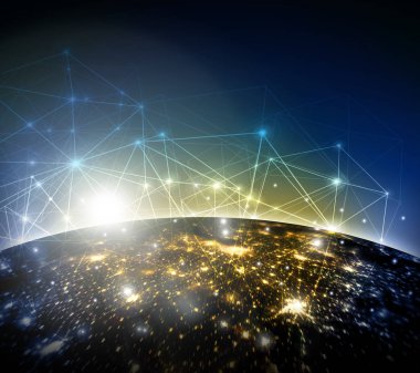 Dünyadan Uzaya. Kavram serisinden küresel iş dünyasının en iyi internet kavramı. Bu görüntünün elementleri NASA tarafından döşenmiştir. Üç boyutlu illüstrasyon. Seyahat, internet, teknoloji ve iletişim sembolü