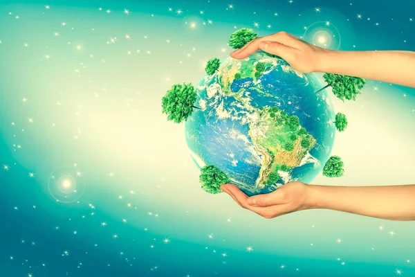 Earth from Space in hands, globe in hands Best Internet Concept of global business from concepts series. Elements of this image furnished by NASA. 3D illustration. — Stock Photo, Image