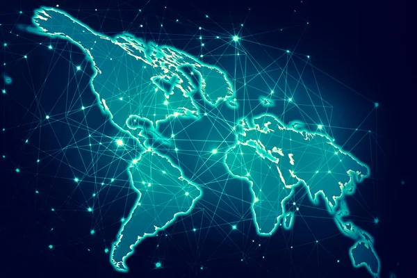 Mapa del mundo sobre un fondo tecnológico, líneas luminosas símbolos de Internet, radio, televisión, comunicaciones móviles y por satélite . — Foto de Stock