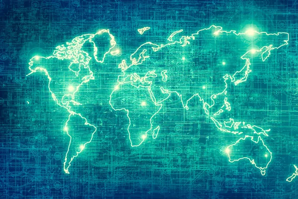 Dünya Haritası üzerinde teknolojik bir arka plan, parlak çizgiler semboller Internet, radyo, televizyon, telefon ve uydu iletişim.