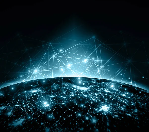 Dünyadan Uzaya. Kavram serisinden küresel iş dünyasının en iyi internet kavramı. Bu görüntünün elementleri NASA tarafından döşenmiştir. Üç boyutlu illüstrasyon. Seyahat, internet, teknoloji ve iletişim sembolü