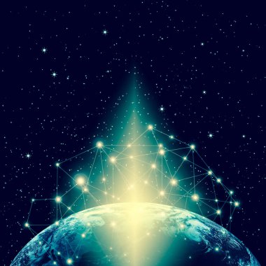 Dünyadan Uzaya. Kavram serisinden küresel iş dünyasının en iyi internet kavramı. Bu görüntünün elementleri NASA tarafından döşenmiştir. 3B illüstrasyon