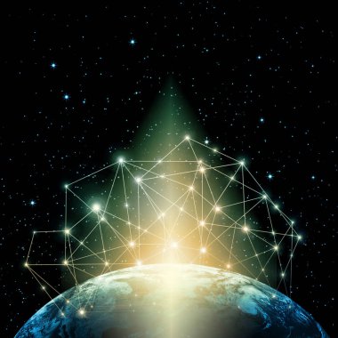 Dünyadan Uzaya. Kavram serisinden küresel iş dünyasının en iyi internet kavramı. Bu görüntünün elementleri NASA tarafından döşenmiştir. 3B illüstrasyon