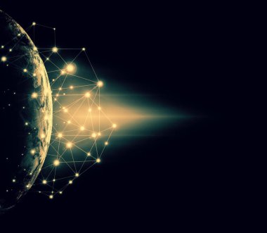 Dünyadan Uzaya. Kavram serisinden küresel iş dünyasının en iyi internet kavramı. Bu görüntünün elementleri NASA tarafından döşenmiştir. 3B illüstrasyon