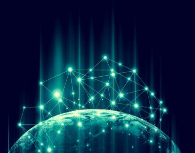 Dünyadan Uzaya. Kavram serisinden küresel iş dünyasının en iyi internet kavramı. Bu görüntünün elementleri NASA tarafından döşenmiştir. 3B illüstrasyon