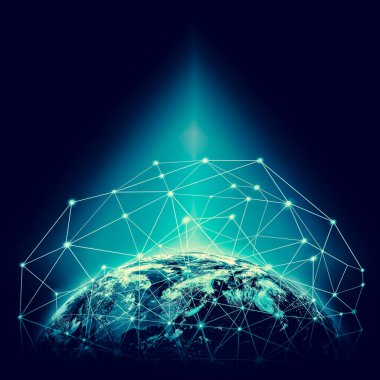 Dünyadan Uzaya. Kavram serisinden küresel iş dünyasının en iyi internet kavramı. Bu görüntünün elementleri NASA tarafından döşenmiştir. 3B illüstrasyon