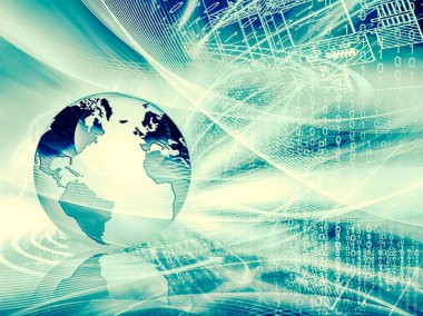 Global iş dünyasının en iyi internet kavramı. Küre, teknolojik arka planda parlayan çizgiler. Wi-Fi, ışınlar, semboller İnternet, 3 boyutlu illüstrasyon