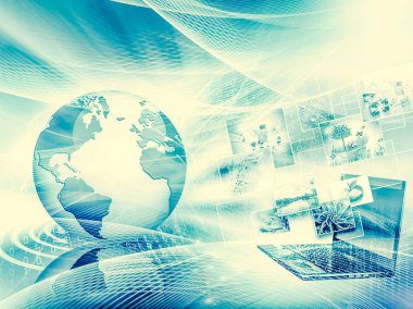 Global iş dünyasının en iyi internet kavramı. Küre, teknolojik arka planda parlayan çizgiler. Wi-Fi, ışınlar, semboller İnternet, 3 boyutlu illüstrasyon