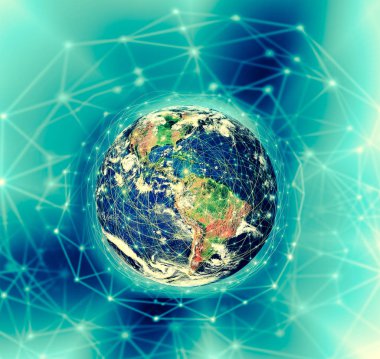 Dünyadan Uzaya. Kavram serisinden küresel iş dünyasının en iyi internet kavramı. Bu görüntünün elementleri NASA tarafından döşenmiştir. 3B illüstrasyon