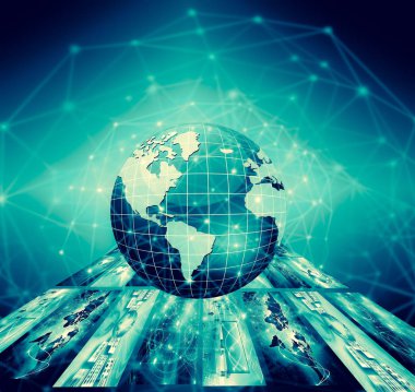 Global iş dünyasının en iyi internet kavramı. Küre, teknolojik arka planda parlayan çizgiler. Wi-Fi, ışınlar, semboller İnternet, 3 boyutlu illüstrasyon