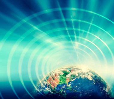 Dünyadan Uzaya. Kavram serisinden küresel iş dünyasının en iyi internet kavramı. Bu görüntünün elementleri NASA tarafından döşenmiştir. 3B illüstrasyon