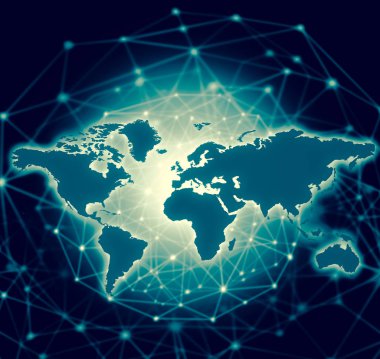 Dünya Haritası üzerinde teknolojik bir arka plan, parlak çizgiler semboller Internet, radyo, televizyon, telefon ve uydu iletişim.