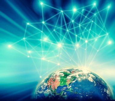 Dünyadan Uzaya. Kavram serisinden küresel iş dünyasının en iyi internet kavramı. Bu görüntünün elementleri NASA tarafından döşenmiştir. 3B illüstrasyon