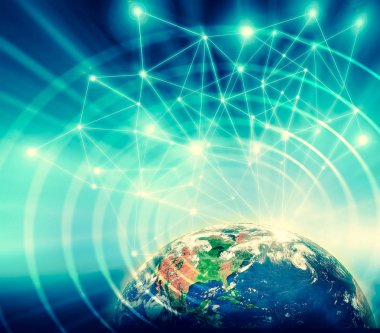 Dünyadan Uzaya. Kavram serisinden küresel iş dünyasının en iyi internet kavramı. Bu görüntünün elementleri NASA tarafından döşenmiştir. 3B illüstrasyon