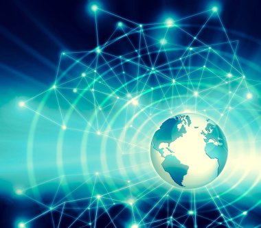Global iş dünyasının en iyi internet kavramı. Küre, teknolojik arka planda parlayan çizgiler. Wi-Fi, ışınlar, semboller İnternet, 3 boyutlu illüstrasyon
