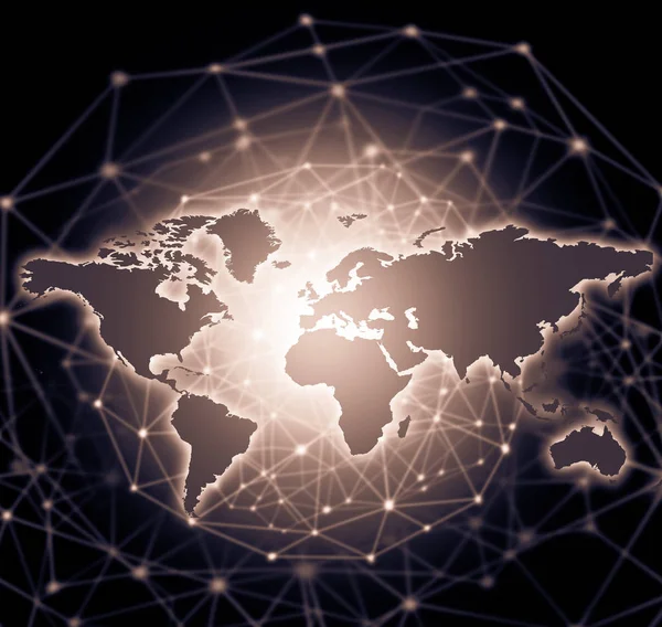 Dünya Haritası üzerinde teknolojik bir arka plan, parlak çizgiler semboller Internet, radyo, televizyon, telefon ve uydu iletişim.