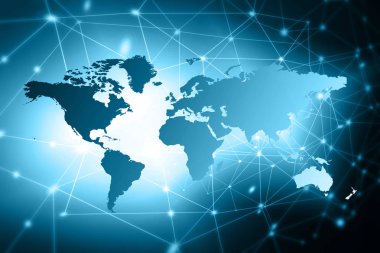 Dünya Haritası üzerinde teknolojik bir arka plan, parlak çizgiler semboller Internet, radyo, televizyon, telefon ve uydu iletişim.