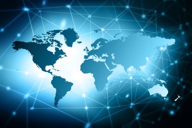 Dünya Haritası üzerinde teknolojik bir arka plan, parlak çizgiler semboller Internet, radyo, televizyon, telefon ve uydu iletişim.