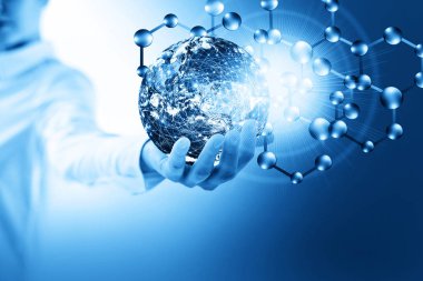 Moleküller ve globus el, moleküler tıp, ekoloji soyutlama elinde. Virüs ve dünya gezegeni. Molekül ve atomlar arka plan. Tıp, kimya, tam 3d arka plan